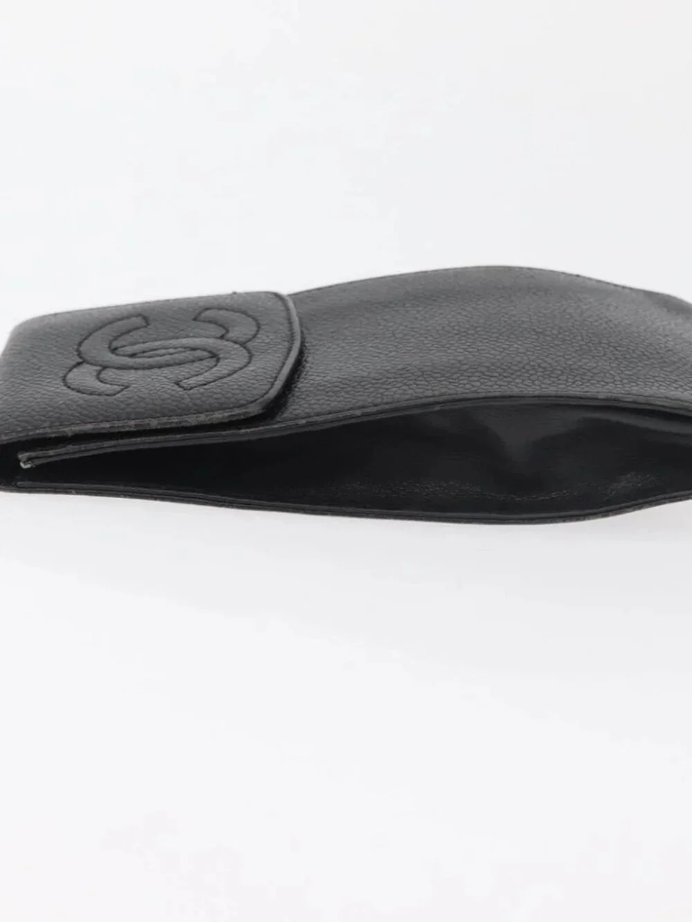 CHANEL Glasses Case Grained Calf Skin Black Gold CC Auth am11661